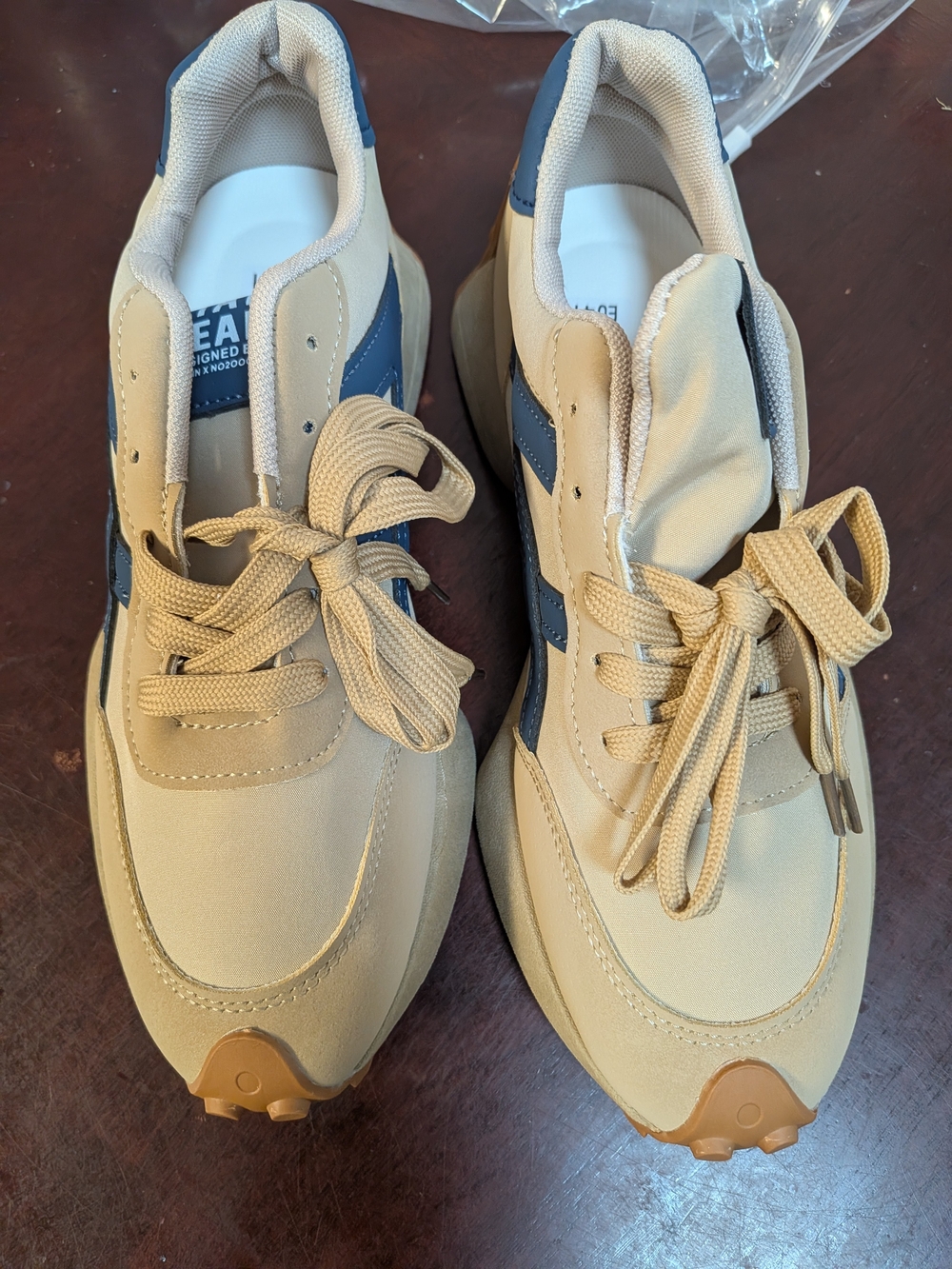 Beige and Navy Women's Retro Trainer Sneakers - Picture 2 of 7
